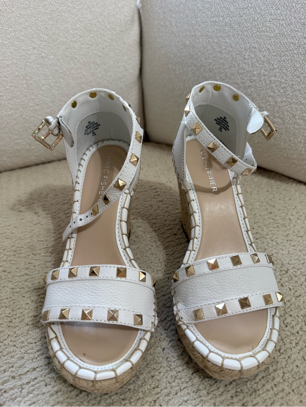 Marc Fisher White Stud-Trim Espadrille Wedge Sandals